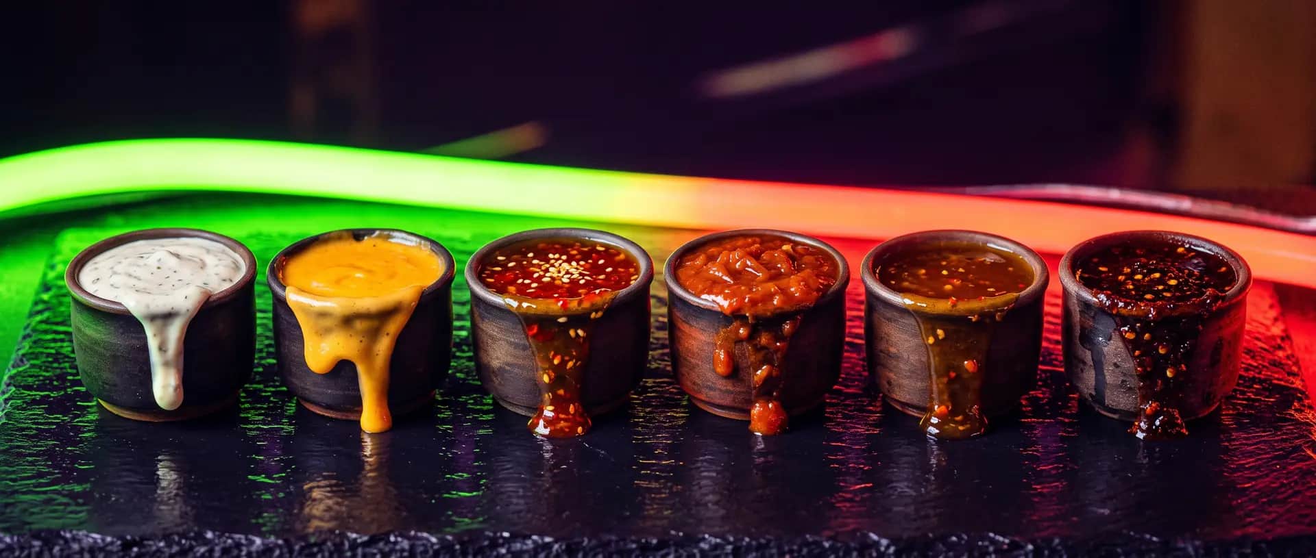 Les six pots de sauces signature alignés, du doux au brûlant
