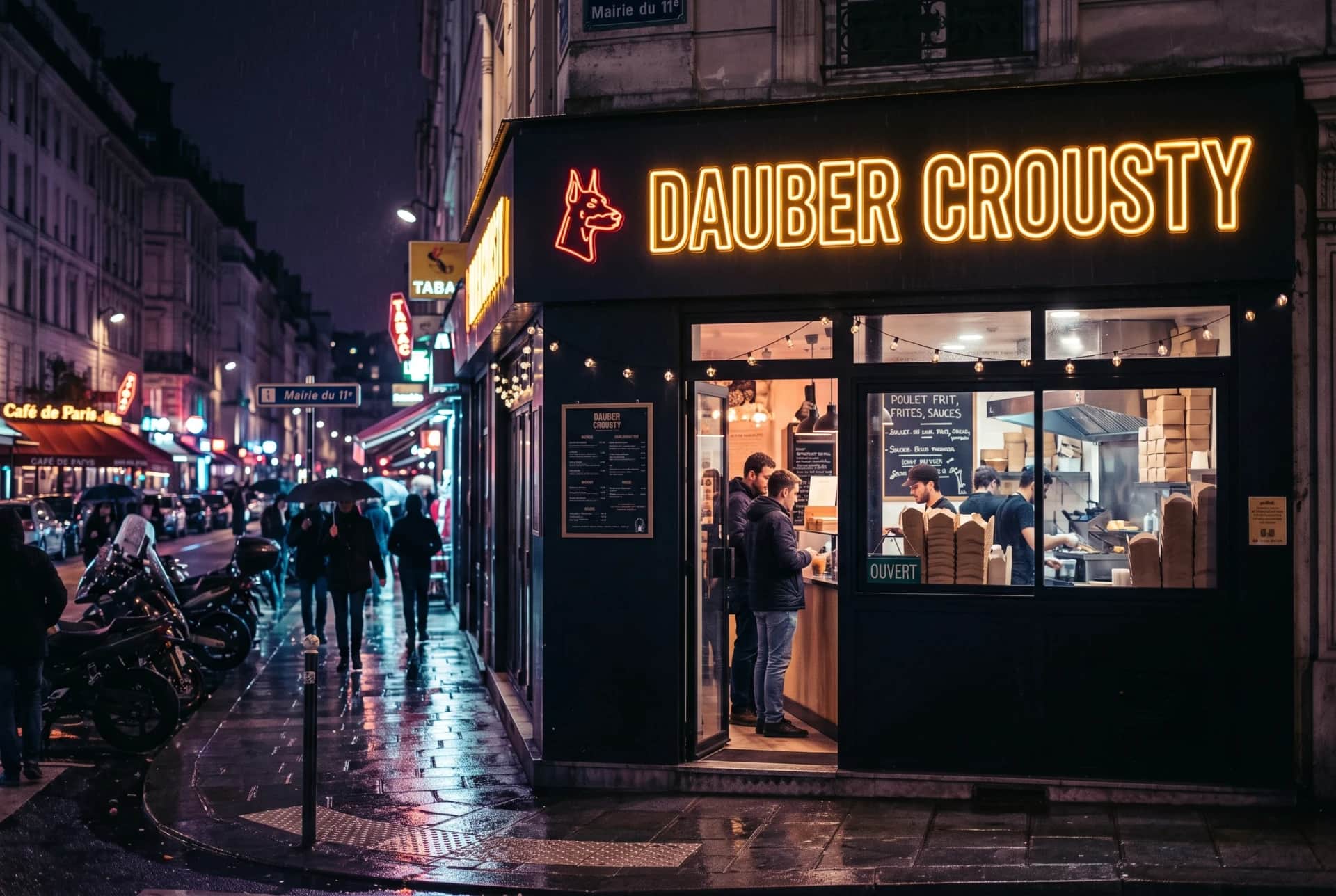 La devanture de Dauber Crousty la nuit : enseigne néon, comptoir ouvert, quartier République