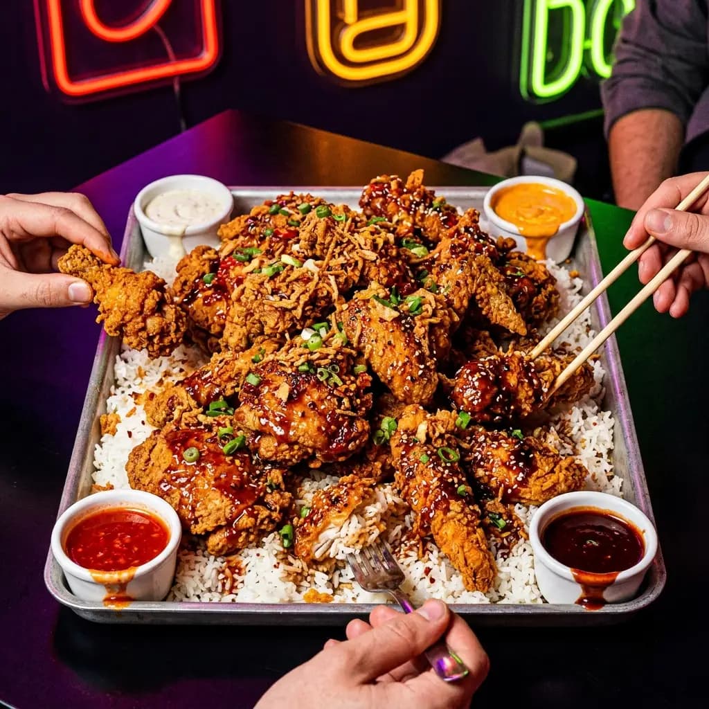 Plateau La Meute à partager, quatre sauces et des mains qui piochent