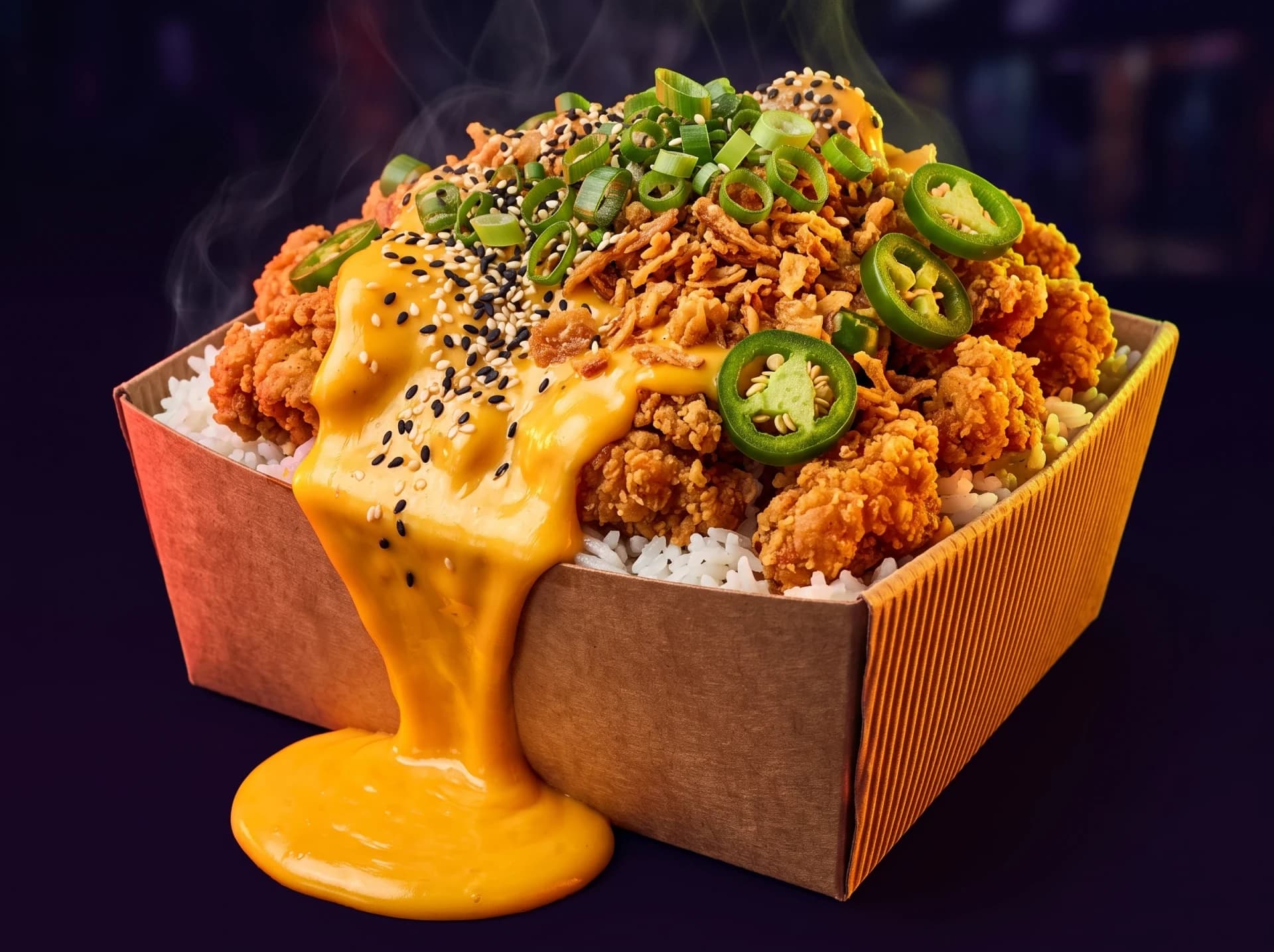 Barquette crousty blindée d'extras : double poulet, oignons frits, jalapeños et cheddar qui déborde
