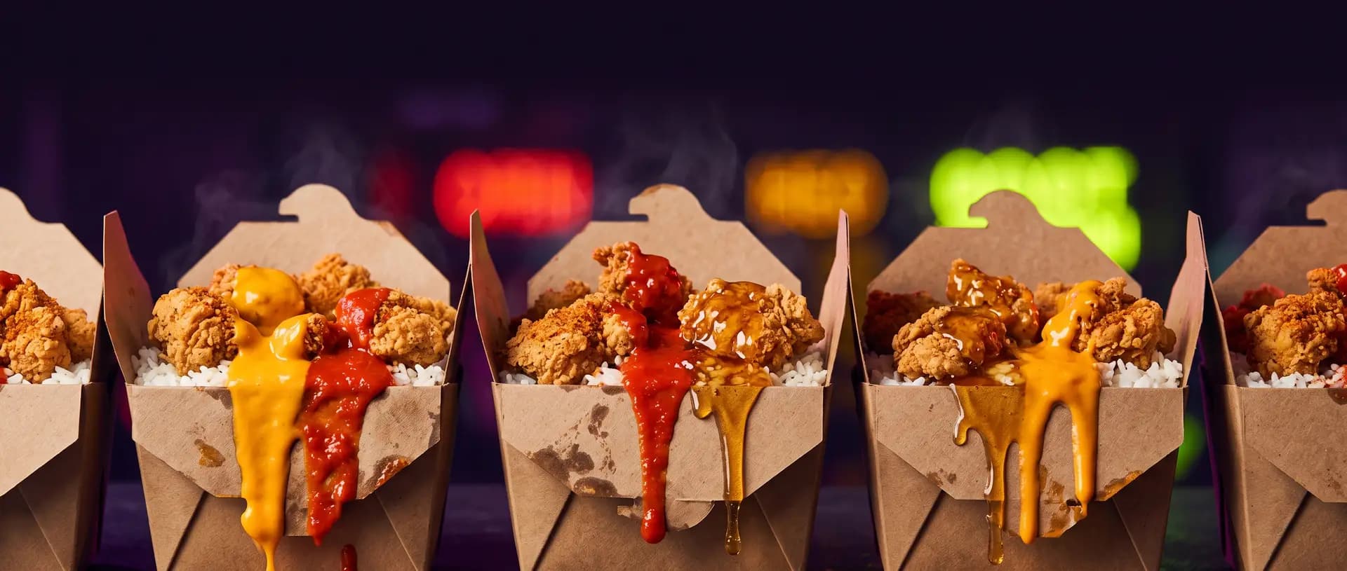 Rangée de barquettes crousty aux sauces dégoulinantes
