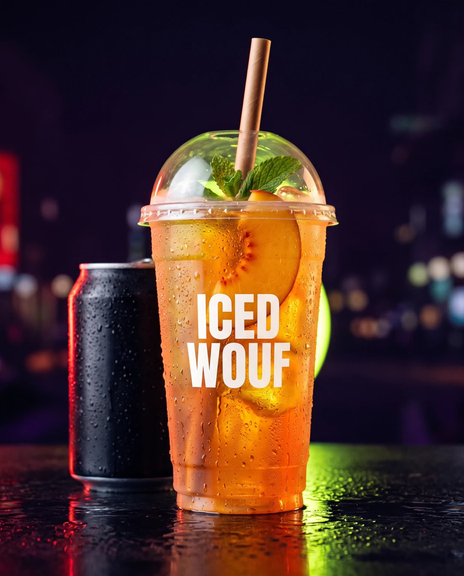 Gobelet Iced Wouf pêche-menthe glacé et canette, sous les néons