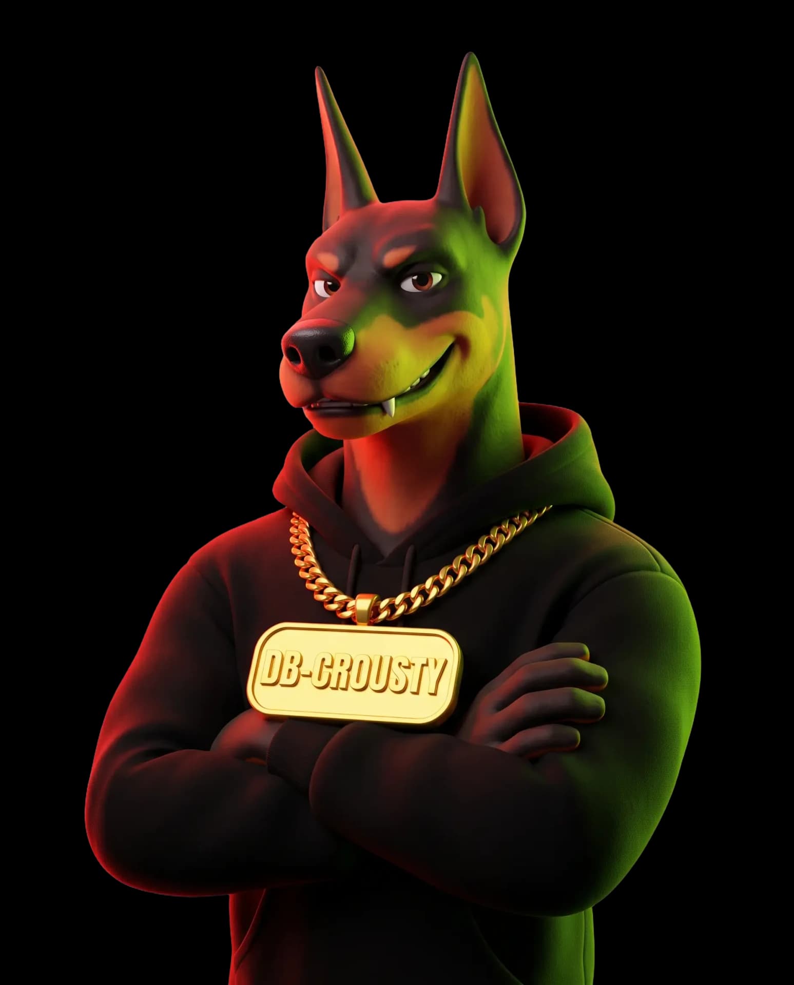 Dobber Crousty en mascotte dobermann, chaine en or et pendentif DB-CROUSTY